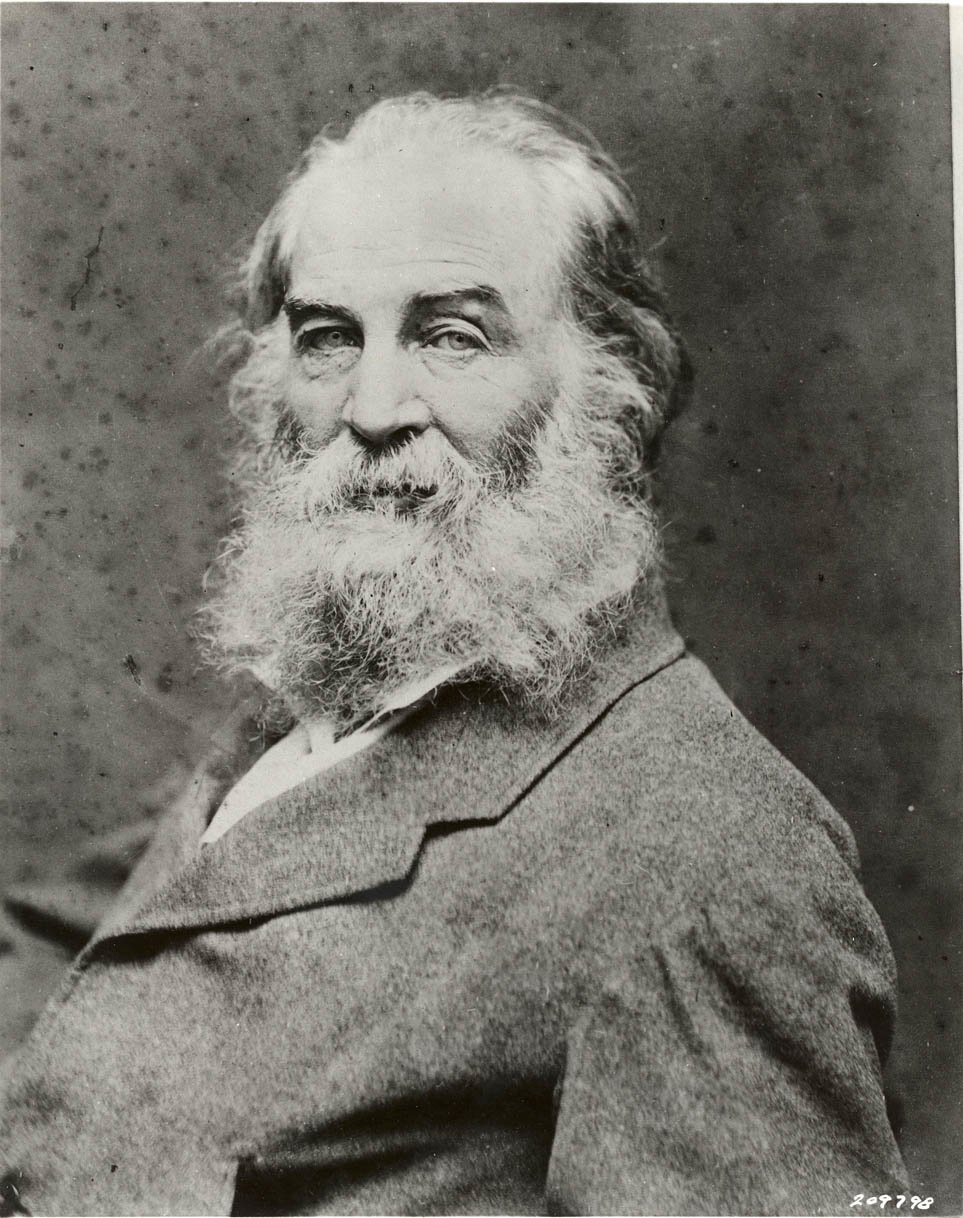 A black and white photo of Walt Whitman facing the left but looking into the camera