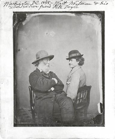 The first extant photo of Whitman with anyone else, here Peter Doyle, Whitman's close friend and companion in Washington. Doyle was a horsecar driver and met Whitman one stormy night in 1865 when Whitman [...] remained the only passenger on Doyle's car. They were inseparable for the next eight years.