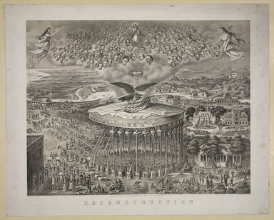 The sky is filled with a multitude of faces--American statesman, public figures, and other historical characters .  […] The aerial host surrounds the figure of Christ, who says, "Do to other as you would have them do to you." Flanking the group are Justice (left) and Liberty (right). Below, beneath the canopy, representatives of the North are reconciled with their Southern counterparts. […]Below in a small vignette two infants--one black and one white--lie sleeping in their baskets. Above them flies an eagl